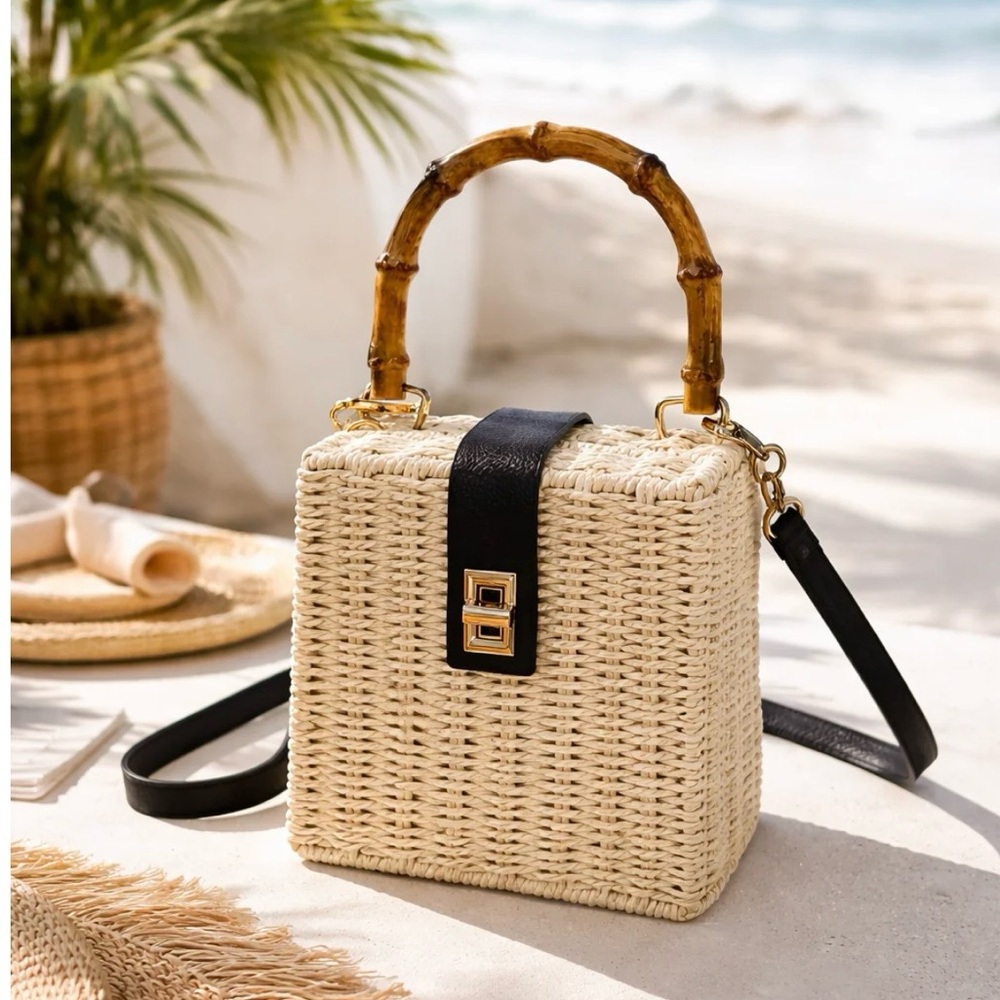 Woven Rattan Box Bag with Bamboo Handle - Black Accent